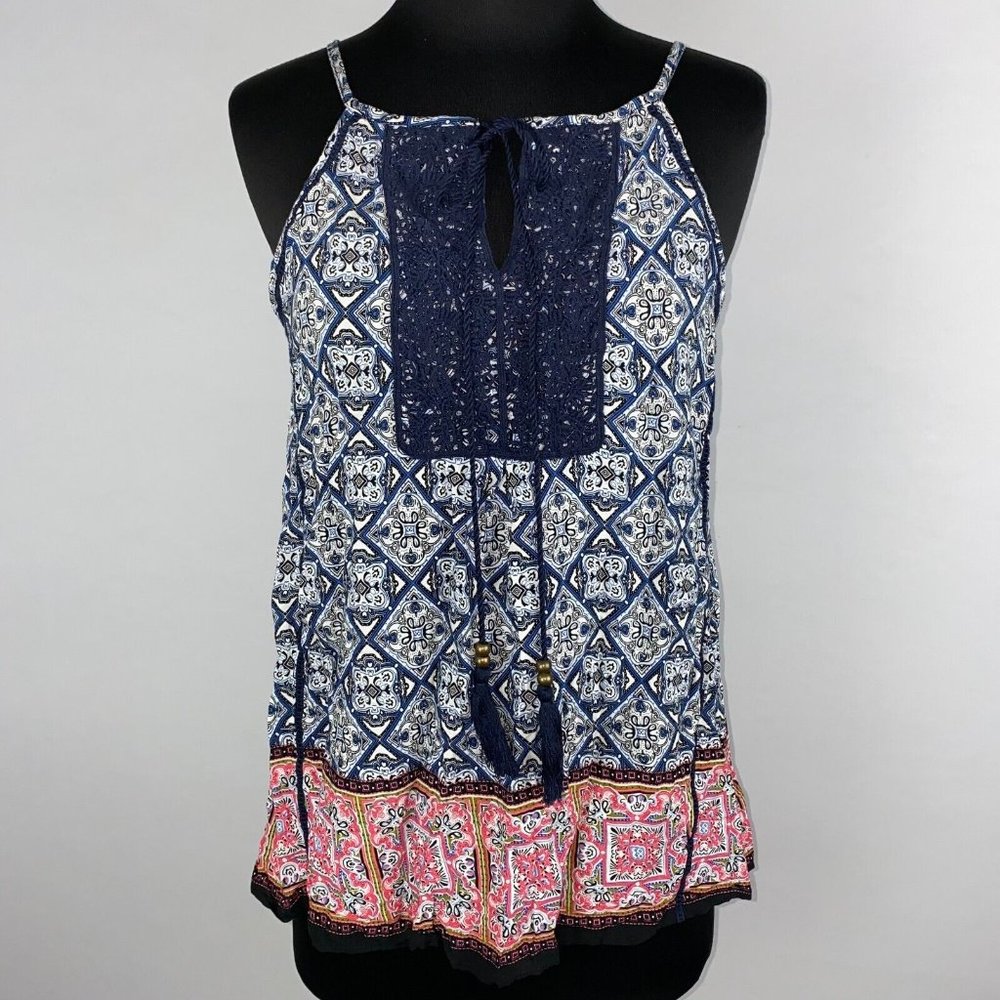 Solitaire M Patterned Crochet Accents Tie Front Tasseled Tank